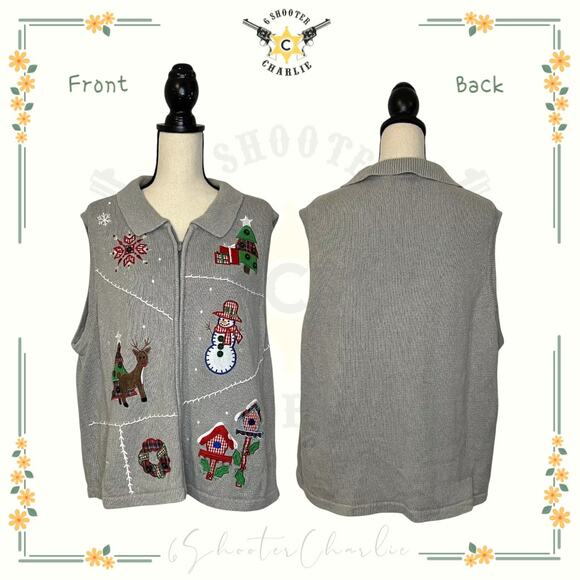 BECHAMEL WOMAN Christmas Sweater Vest Grey Plus Size 2X Reindeer Zip Up Trees - Picture 1 of 6